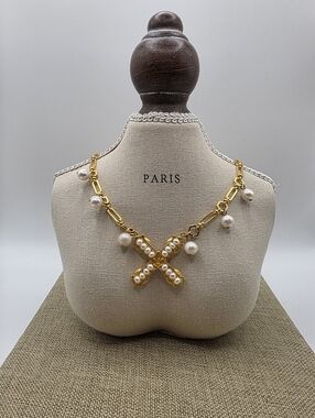 French Kande Gold Pearl Cross Pendant Necklace
